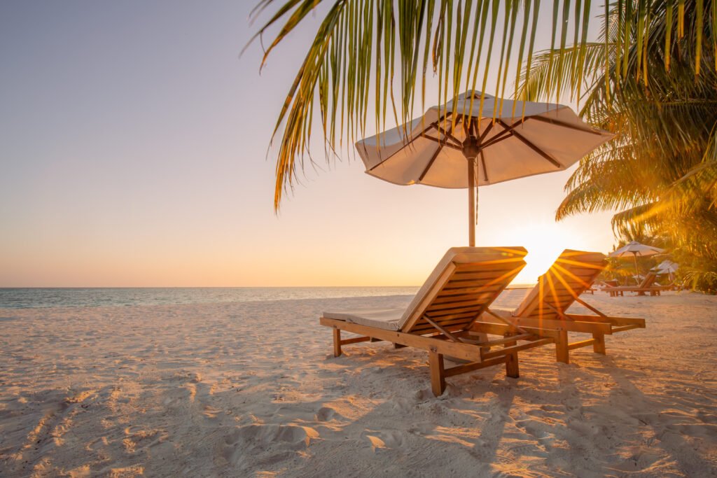 Sri Lanka east coast beach with palm trees and loungers